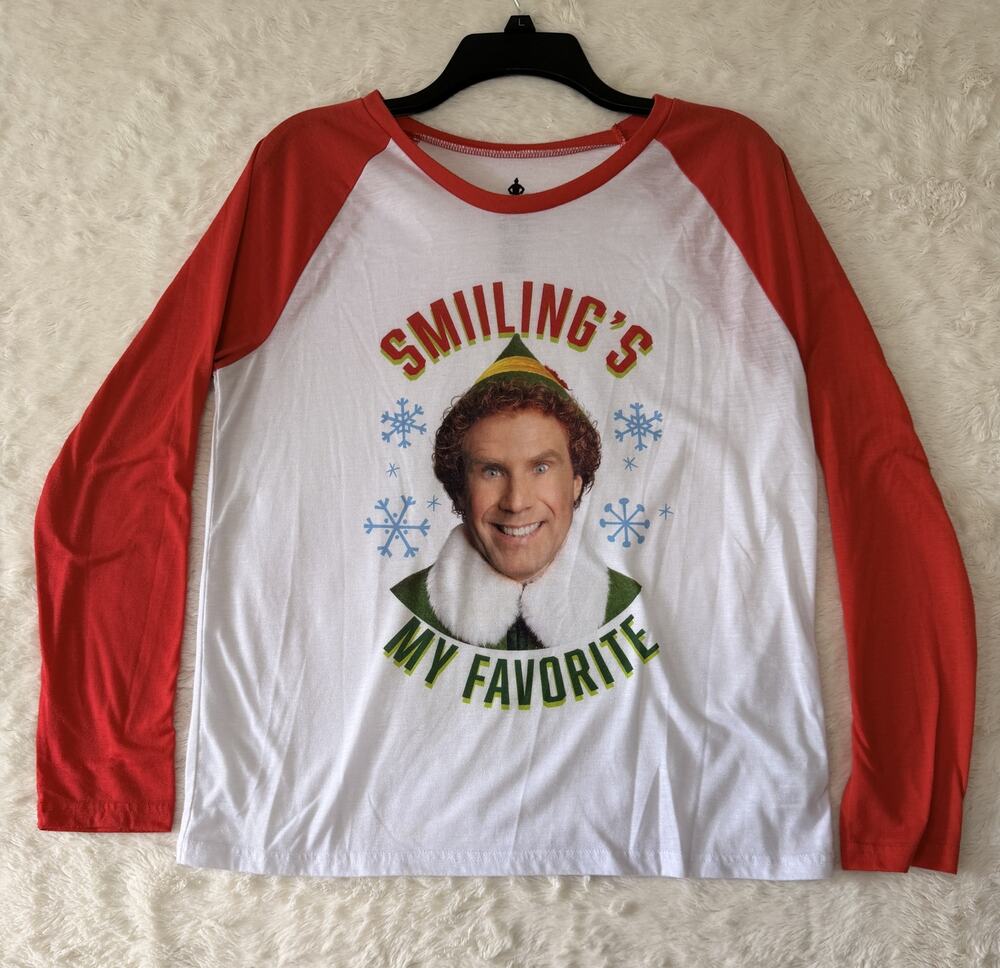 Elf Adult M Buddy Red White Smiling's My Favorite Long Sleeve Tee Pajama Shirt